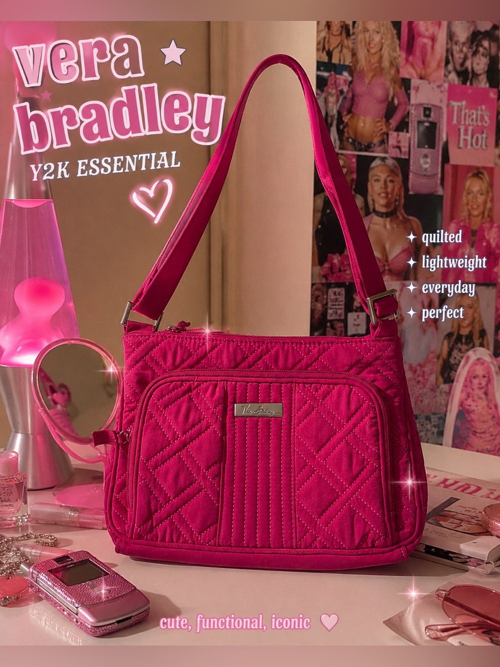 Vera Bradley Bright Pink Quilted Shoulder Bag Crossbody Purse- Y2K